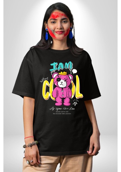 Ben Havalıyım Oyuncak Ayı Kadın Erkek Ön Baskılı Siyah Pamuklu Tişört Penye Klasik indirimleri