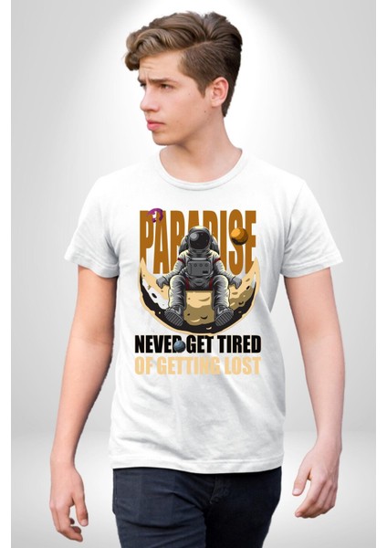 Kaybolmaktan Asla Bıkma Astronot Kadın Erkek Ön Baskılı Beyaz Pamuklu Tişört Penye Klasik