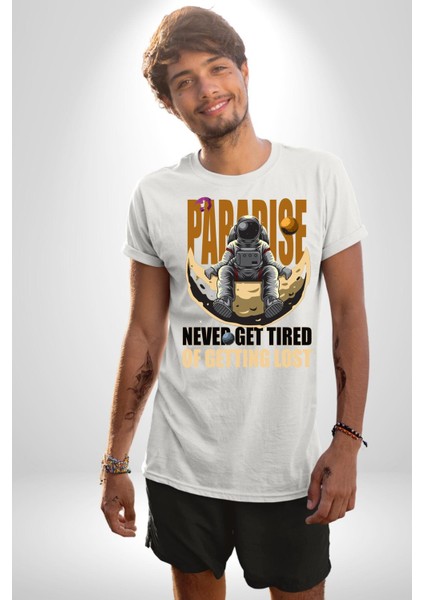 Kaybolmaktan Asla Bıkma Astronot Kadın Erkek Ön Baskılı Beyaz Pamuklu Tişört Penye Klasik modelleri