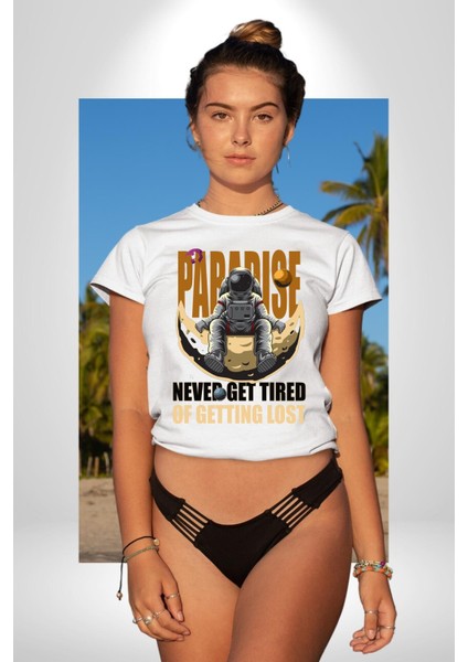 Kaybolmaktan Asla Bıkma Astronot Kadın Erkek Ön Baskılı Beyaz Pamuklu Tişört Penye Klasik fırsatları