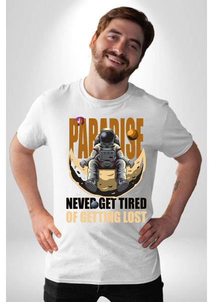 Kaybolmaktan Asla Bıkma Astronot Kadın Erkek Ön Baskılı Beyaz Pamuklu Tişört Penye Klasik indirimleri