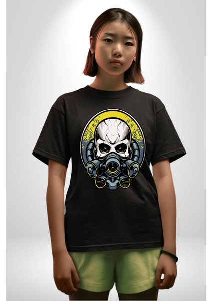 Gaz Maskeli Şeytani Kurukafatası Kadın Erkek Ön Baskılı Siyah Pamuklu Tişört Penye Klasik