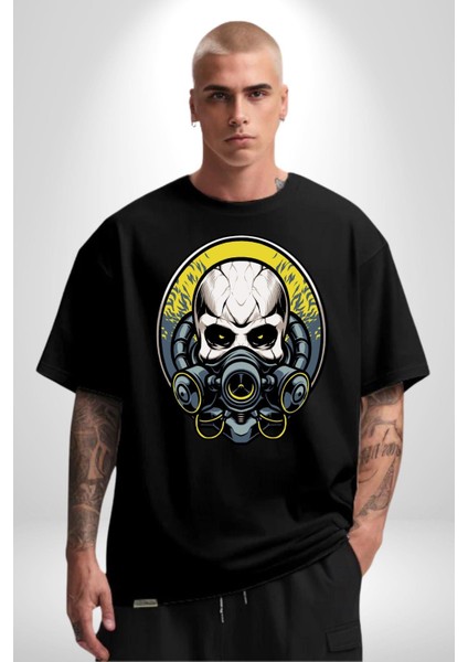 Gaz Maskeli Şeytani Kurukafatası Kadın Erkek Ön Baskılı Siyah Pamuklu Tişört Penye Klasik fiyatları