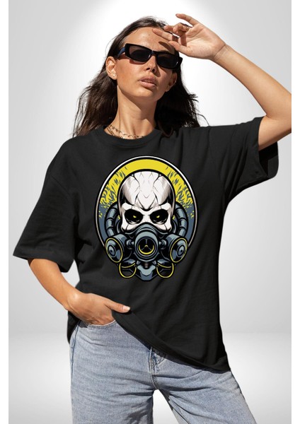 Gaz Maskeli Şeytani Kurukafatası Kadın Erkek Ön Baskılı Siyah Pamuklu Tişört Penye Klasik indirimleri