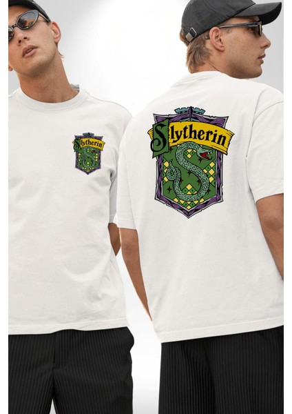 Slytherin Yılan Logo Kadın Erkek Ön Minimal Sırt Baskılı Beyaz Pamuklu Tişört