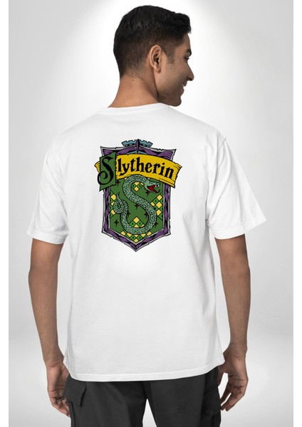 Slytherin Yılan Logo Kadın Erkek Ön Minimal Sırt Baskılı Beyaz Pamuklu Tişört fiyatları