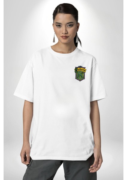 Slytherin Yılan Logo Kadın Erkek Ön Minimal Sırt Baskılı Beyaz Pamuklu Tişört modelleri