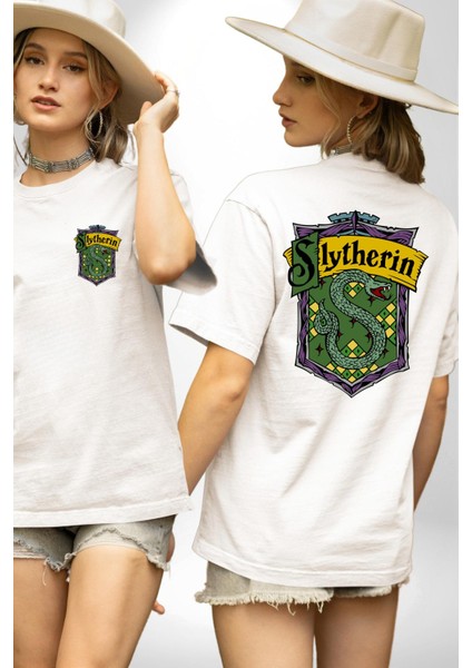 Slytherin Yılan Logo Kadın Erkek Ön Minimal Sırt Baskılı Beyaz Pamuklu Tişört fırsatları