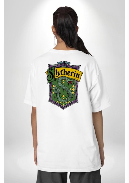 Slytherin Yılan Logo Kadın Erkek Ön Minimal Sırt Baskılı Beyaz Pamuklu Tişört indirimleri