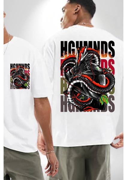 Italyan Motoru ve Ejderha Kadın Erkek Ön Minimal Sırt Baskılı Beyaz Pamuklu Tişört