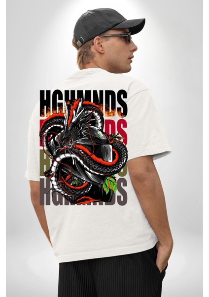 Italyan Motoru ve Ejderha Kadın Erkek Ön Minimal Sırt Baskılı Beyaz Pamuklu Tişört indirimleri