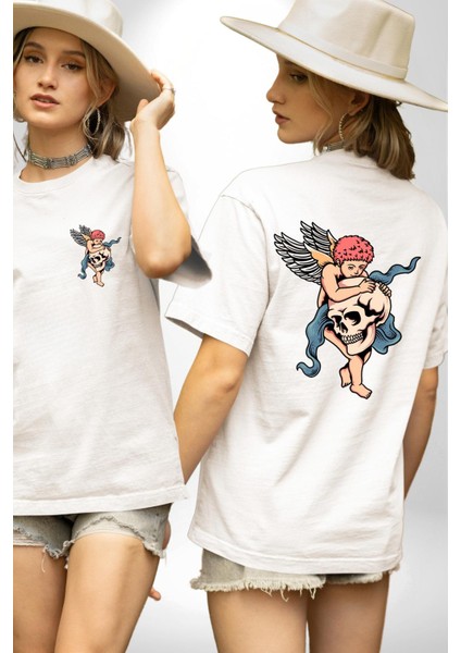 Kurukafa Tutan Bebek Melek Kadın Erkek Ön Minimal Sırt Baskılı Beyaz Pamuklu Tişört