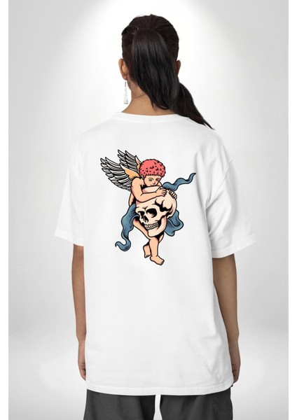 Kurukafa Tutan Bebek Melek Kadın Erkek Ön Minimal Sırt Baskılı Beyaz Pamuklu Tişört fiyatları