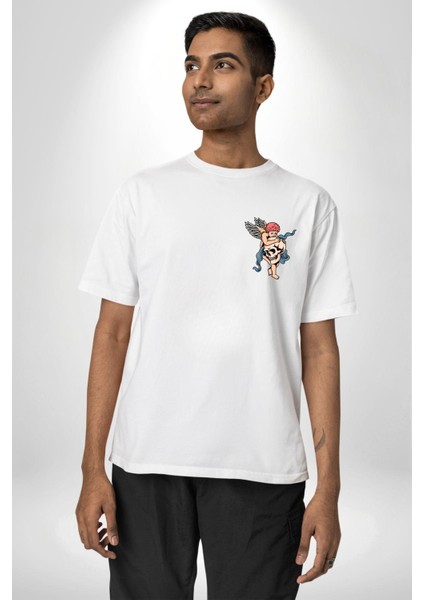 Kurukafa Tutan Bebek Melek Kadın Erkek Ön Minimal Sırt Baskılı Beyaz Pamuklu Tişört modelleri