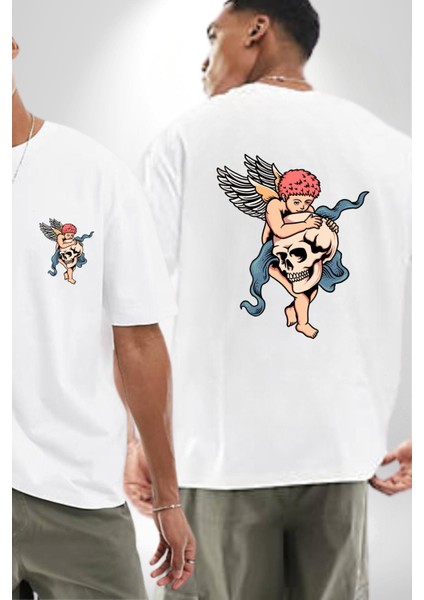 Kurukafa Tutan Bebek Melek Kadın Erkek Ön Minimal Sırt Baskılı Beyaz Pamuklu Tişört fırsatları