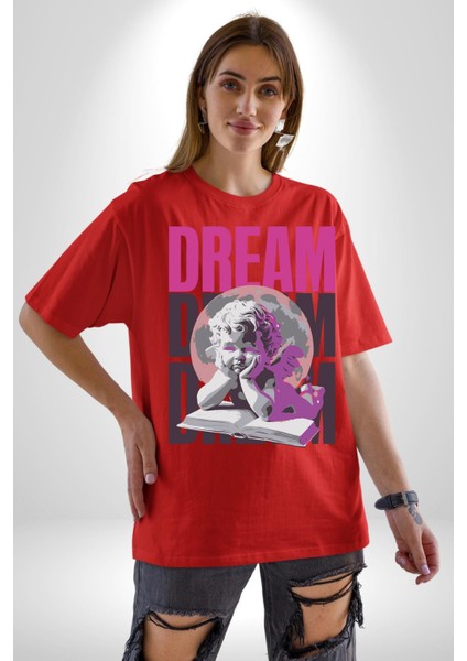 Kötü Yöntem Gül ve Heykel Kadın Erkek Ön Baskılı Kırmızı Pamuklu Tişört Penye Klasik indirimleri