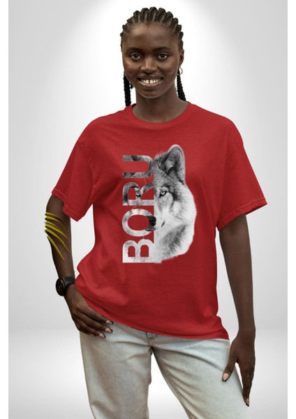 Asker Kurt Börü Kadın Erkek Ön Baskılı Kırmızı Pamuklu Tişört Penye Klasik