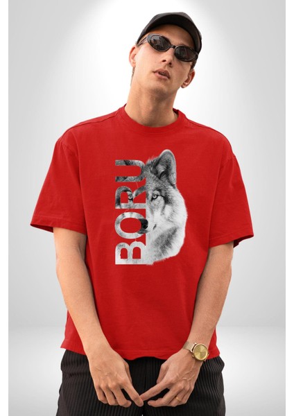 Asker Kurt Börü Kadın Erkek Ön Baskılı Kırmızı Pamuklu Tişört Penye Klasik fiyatları