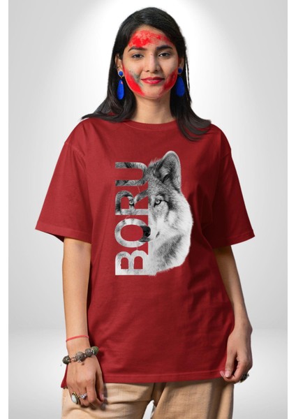 Asker Kurt Börü Kadın Erkek Ön Baskılı Kırmızı Pamuklu Tişört Penye Klasik modelleri