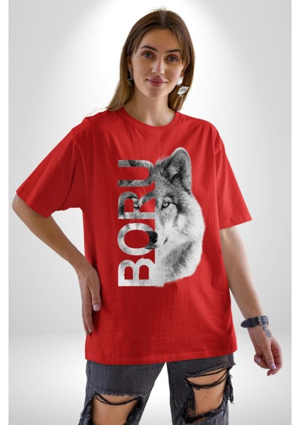 Asker Kurt Börü Kadın Erkek Ön Baskılı Kırmızı Pamuklu Tişört Penye Klasik fırsatları