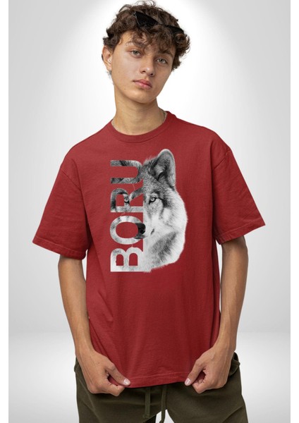 Asker Kurt Börü Kadın Erkek Ön Baskılı Kırmızı Pamuklu Tişört Penye Klasik indirimleri