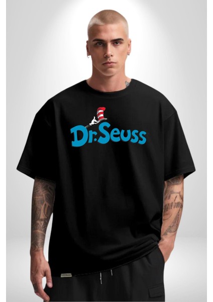 Dr.seuss Komik Şapka Logo Kadın Erkek Ön Baskılı Siyah Pamuklu Tişört Penye Klasik
