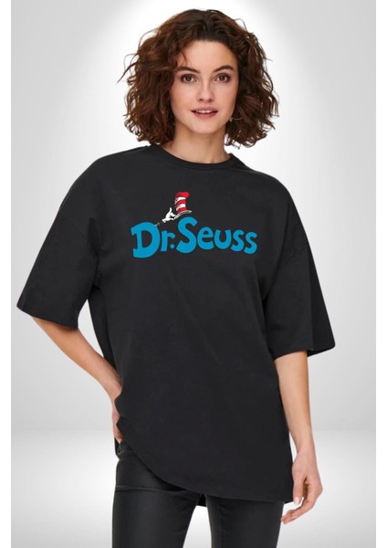 Dr.seuss Komik Şapka Logo Kadın Erkek Ön Baskılı Siyah Pamuklu Tişört Penye Klasik fiyatları