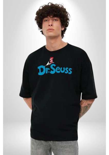 Dr.seuss Komik Şapka Logo Kadın Erkek Ön Baskılı Siyah Pamuklu Tişört Penye Klasik modelleri