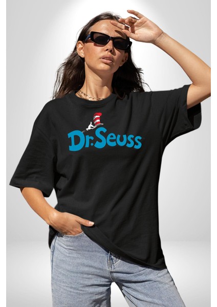Dr.seuss Komik Şapka Logo Kadın Erkek Ön Baskılı Siyah Pamuklu Tişört Penye Klasik fırsatları