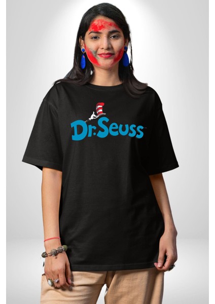 Dr.seuss Komik Şapka Logo Kadın Erkek Ön Baskılı Siyah Pamuklu Tişört Penye Klasik indirimleri