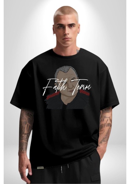 Imparator Grande Terim Kadın Erkek Ön Baskılı Siyah Pamuklu Tişört Penye Klasik