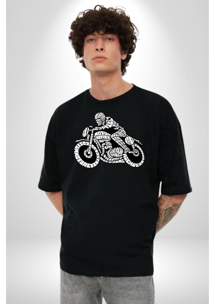 Kaligram Motorsiklet Havalı Kadın Erkek Ön Baskılı Siyah Pamuklu Tişört Penye Klasik