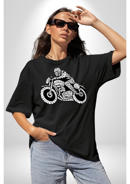 Kaligram Motorsiklet Havalı Kadın Erkek Ön Baskılı Siyah Pamuklu Tişört Penye Klasik fiyatları