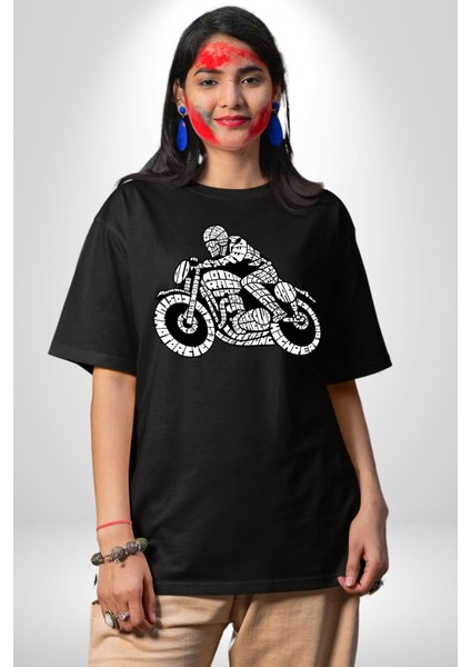 Kaligram Motorsiklet Havalı Kadın Erkek Ön Baskılı Siyah Pamuklu Tişört Penye Klasik modelleri