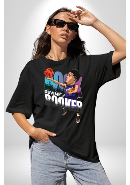 Devin Booker Basketbol Yıldızı Kadın Erkek Ön Baskılı Siyah Pamuklu Tişört Penye Klasik
