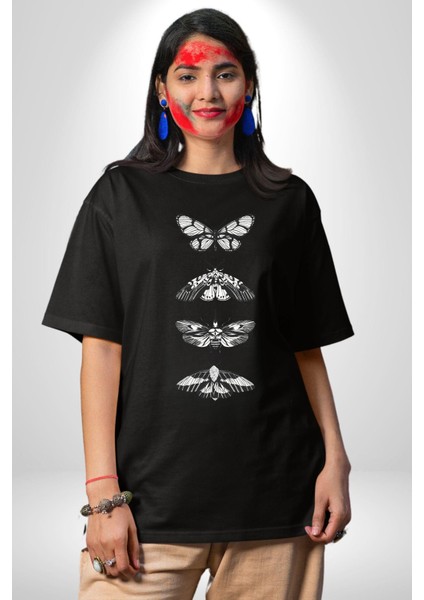 Kelebek Oluşumu Kozadan Kelebeğe Kadın Erkek Ön Baskılı Siyah Pamuklu Tişört Penye Klasik fırsatları