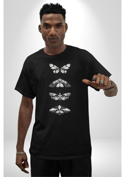 Kelebek Oluşumu Kozadan Kelebeğe Kadın Erkek Ön Baskılı Siyah Pamuklu Tişört Penye Klasik indirimleri