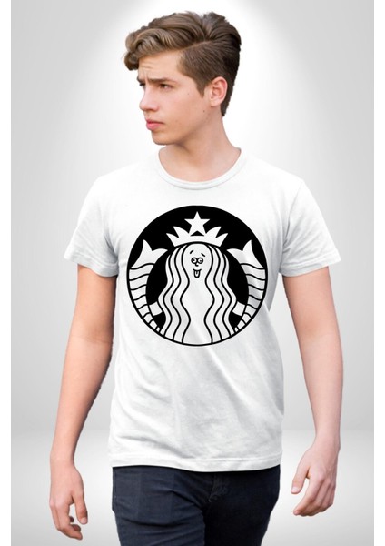 Komik Kadın Kafe Logo Kadın Erkek Ön Baskılı Beyaz Pamuklu Tişört Penye Klasik