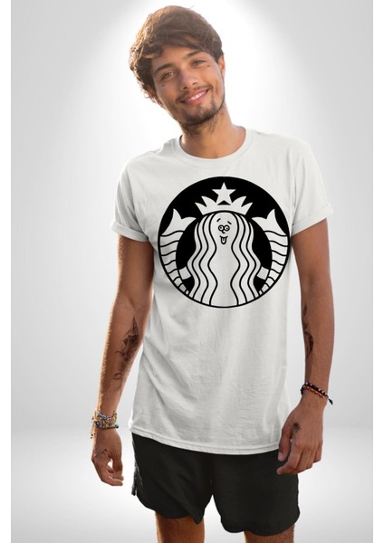 Komik Kadın Kafe Logo Kadın Erkek Ön Baskılı Beyaz Pamuklu Tişört Penye Klasik modelleri