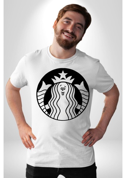 Komik Kadın Kafe Logo Kadın Erkek Ön Baskılı Beyaz Pamuklu Tişört Penye Klasik indirimleri