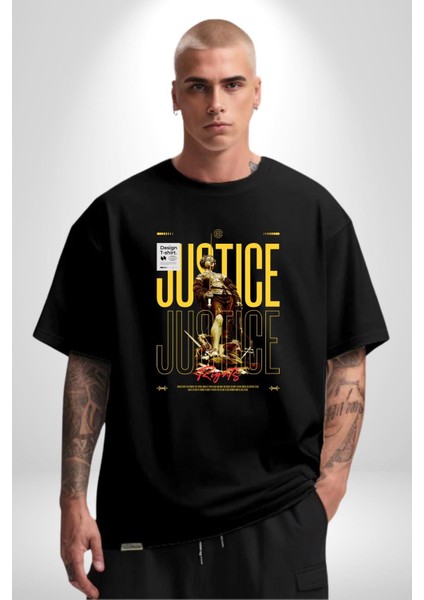 Adalet Doğru Olan Sokak Tarzı Kadın Erkek Ön Baskılı Siyah Pamuklu Tişört Penye Klasik