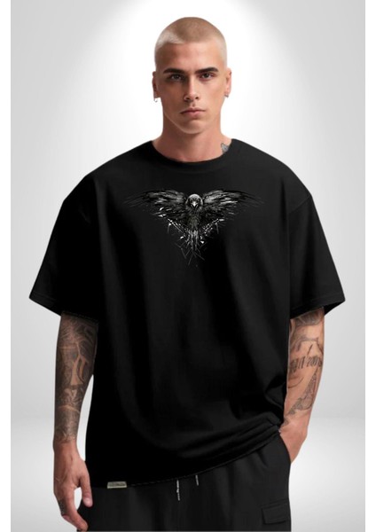 Karga Üç Gözlü Havalı Gotik Kadın Erkek Ön Baskılı Siyah Pamuklu Tişört Penye Klasik fırsatları