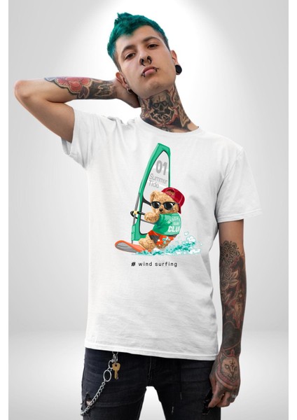 Sörf Yapana Oyuncak Ayı Kadın Erkek Ön Baskılı Beyaz Pamuklu Tişört Penye Klasik