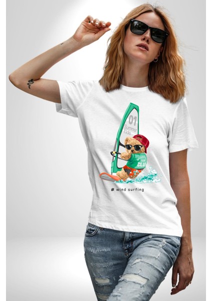 Sörf Yapana Oyuncak Ayı Kadın Erkek Ön Baskılı Beyaz Pamuklu Tişört Penye Klasik fiyatları