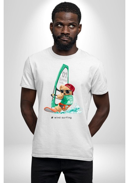 Sörf Yapana Oyuncak Ayı Kadın Erkek Ön Baskılı Beyaz Pamuklu Tişört Penye Klasik modelleri