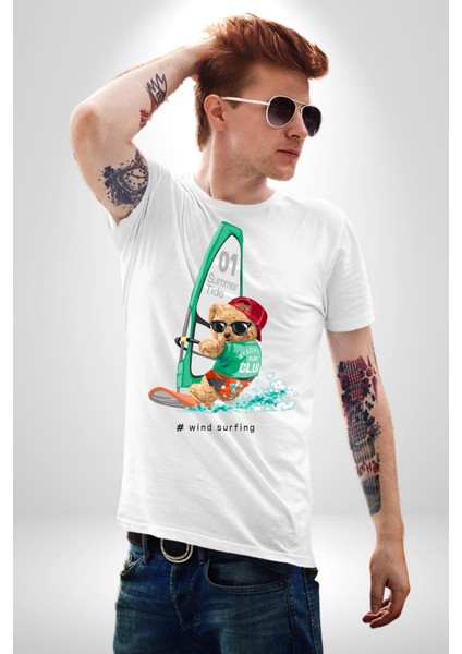 Sörf Yapana Oyuncak Ayı Kadın Erkek Ön Baskılı Beyaz Pamuklu Tişört Penye Klasik indirimleri