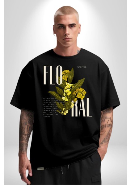 Modern Çiçek Tasarımı Kadın Erkek Ön Baskılı Siyah Pamuklu Tişört Penye Klasik