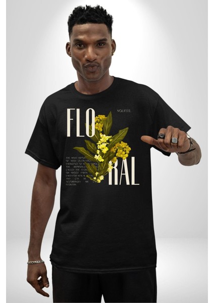 Modern Çiçek Tasarımı Kadın Erkek Ön Baskılı Siyah Pamuklu Tişört Penye Klasik modelleri