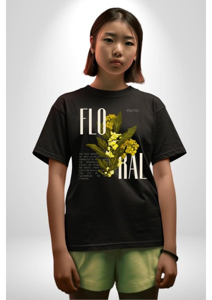 Modern Çiçek Tasarımı Kadın Erkek Ön Baskılı Siyah Pamuklu Tişört Penye Klasik fırsatları