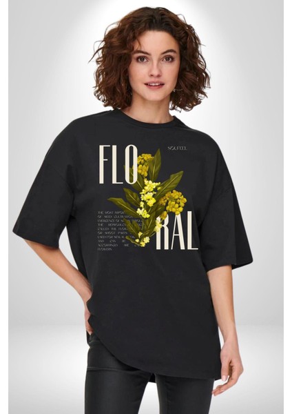 Modern Çiçek Tasarımı Kadın Erkek Ön Baskılı Siyah Pamuklu Tişört Penye Klasik indirimleri